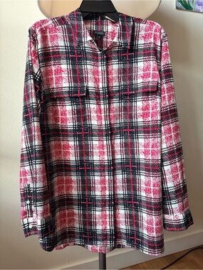 Talbots Pink Black Plaid Button Down Tunic Shirt Size XL Long Sleeve